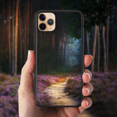 Biodegradable iPhone case with forest photography of a magical path leading into a forest, eco-friendly and 100% compostable