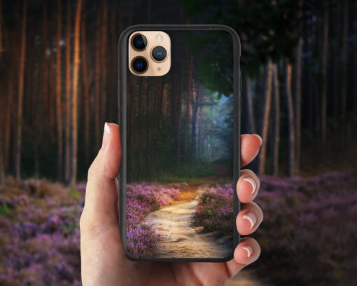 Biodegradable iPhone case with forest photography of a magical path leading into a forest, eco-friendly and 100% compostable