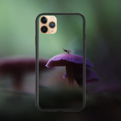 Biodegradable iPhone case with macro photography of a mushroom creature, eco-friendly and 100% compostable