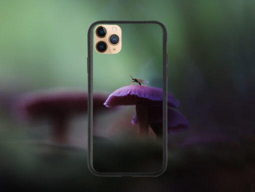 Biodegradable iPhone case with macro photography of a mushroom creature, eco-friendly and 100% compostable